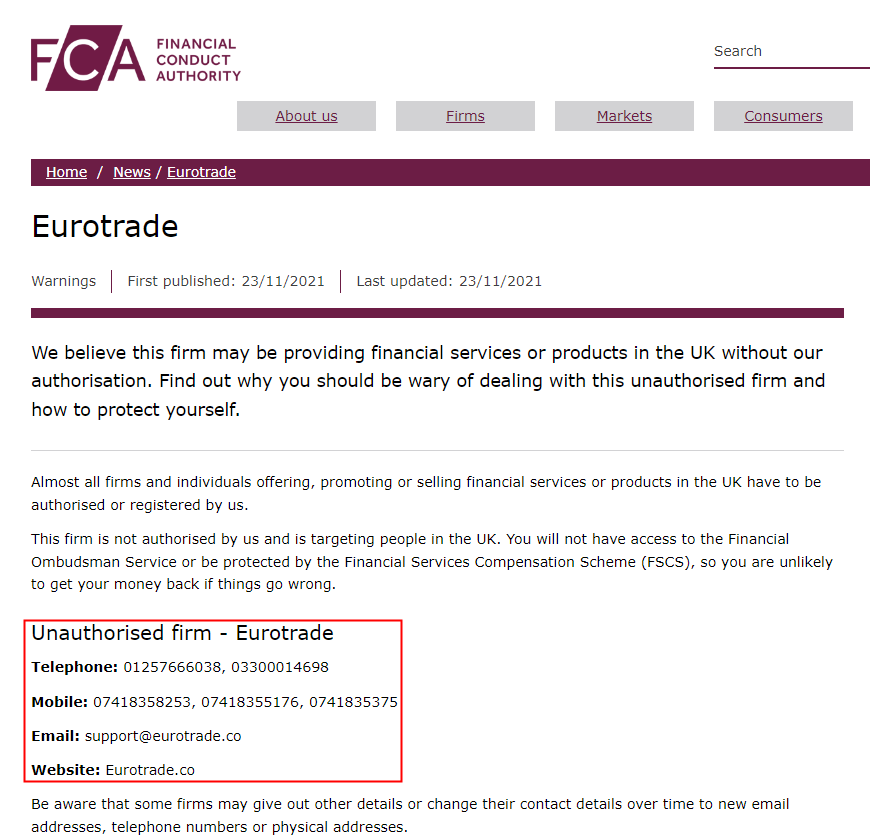 Alert: FCA, CNMV and FSMA Added EuroTrade into Warnings