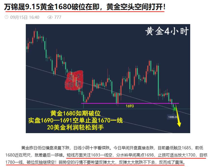 万锦晟9.16黄金1680如期破位，黄金今日收官顺势空！