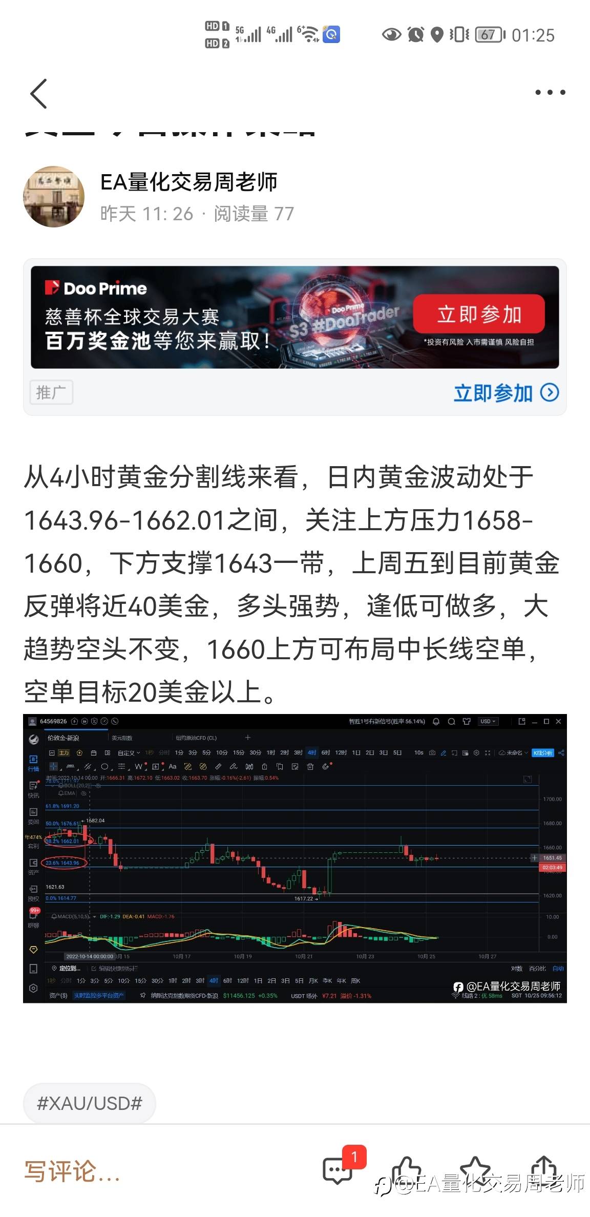 黄金1644-1646多单止盈10美金后，1655-1658空单也进场盈利中！