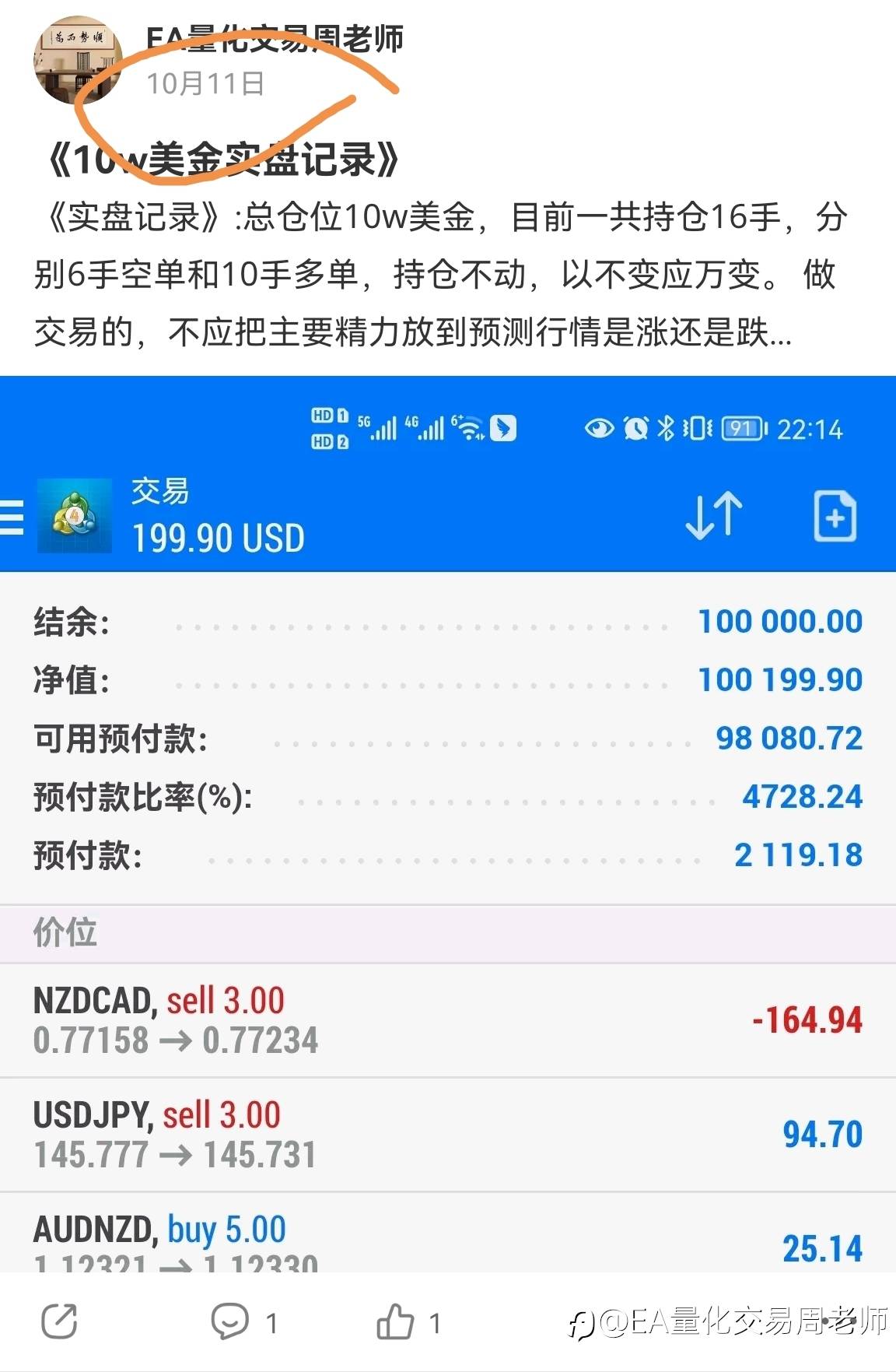《实盘记录》10w美金仓位不到两周利润到达32%