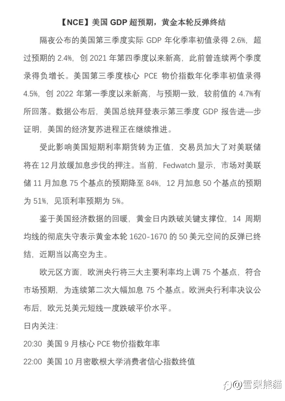 【NCE】2022.1028评论：美国GDP超预期，黄金本轮反弹终结