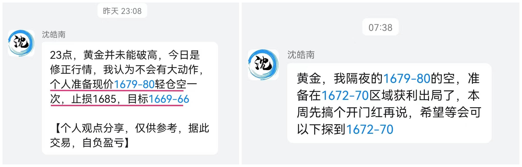 沈皓南：黄金修正中，以不变应万变