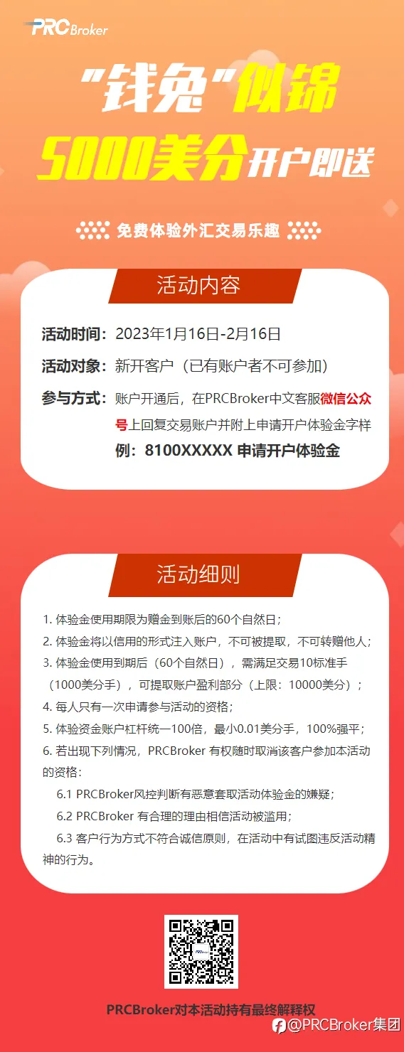 PRCBroker 丨 钱兔似锦！开户即送5000美分交易体验金！