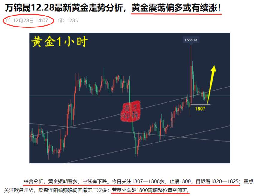 万锦晟1.2黄金操作建议，元旦过后黄金或将破位大爆发！