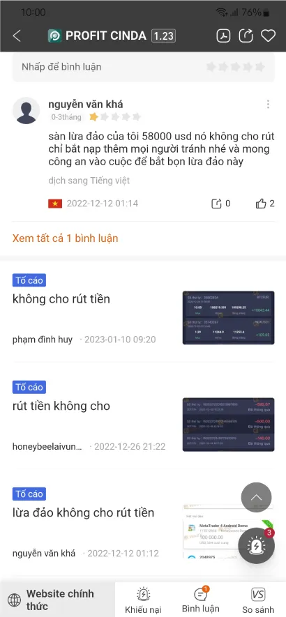 Sàn Profit Cinda Limited lừa đảo, khách hàng nộp đơn tố cáo hàng loạt - WikiFX Cảnh báo
