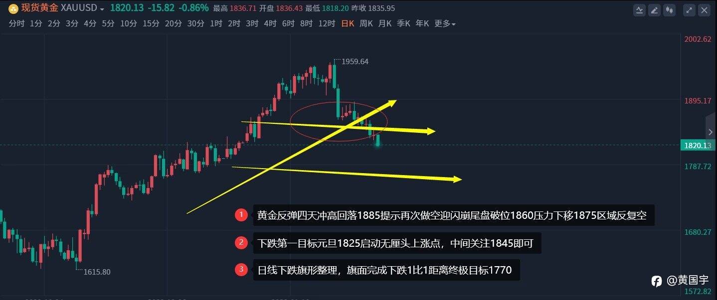黄国宇：黄金延续反弹，回落1828区域继续多！