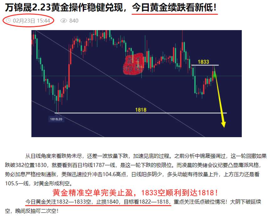 万锦晟2.24黄金交易稳健获利，黄金弱势下探有新低！
