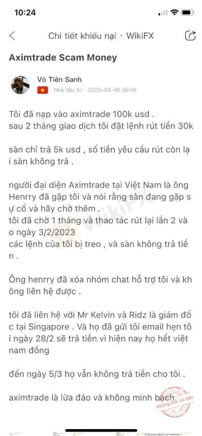 Thực hư câu chuyện một Trader không thể rút 100 nghìn USD từ sàn AximTrade - WikiFX Cảnh báo lừa đảo