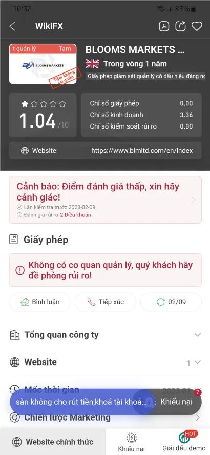 Sàn Blooms Markets Limited bắt khách hàng đóng Thuế mới được rút tiền - WikiFX Cảnh báo