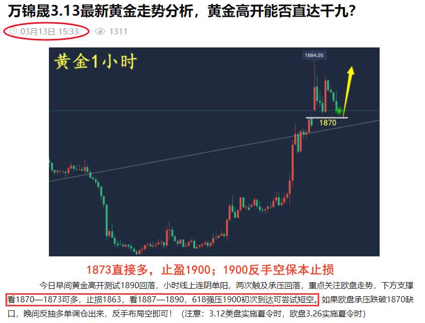 万锦晟3.14黄金日内先多看上升，CPI谨防冲高回落走修正！