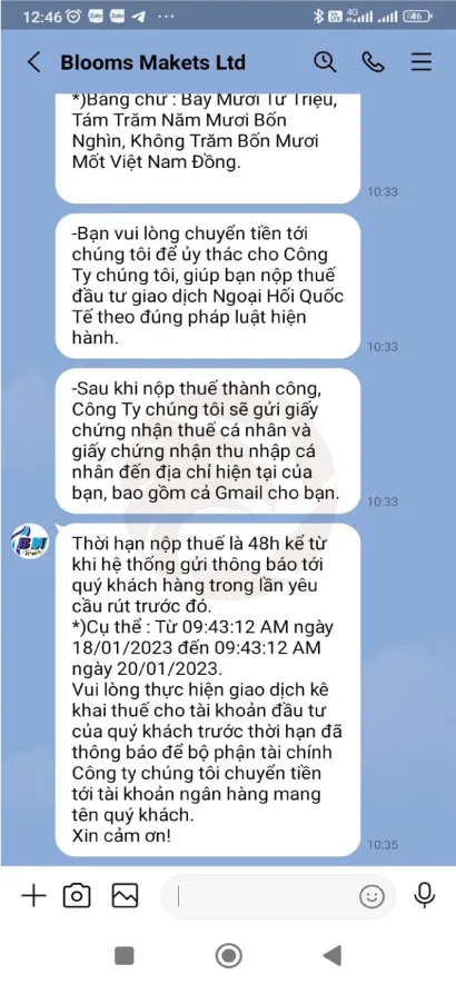 Sàn Blooms Markets Limited bắt khách hàng đóng Thuế mới được rút tiền - WikiFX Cảnh báo