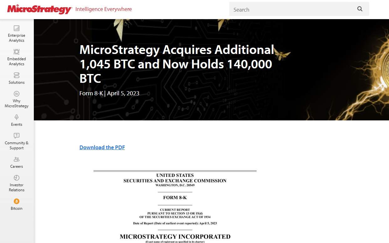 MicroStrategy mua thêm 1,045 BTC, nâng tổng số nắm giữ lên 140,000 BTC