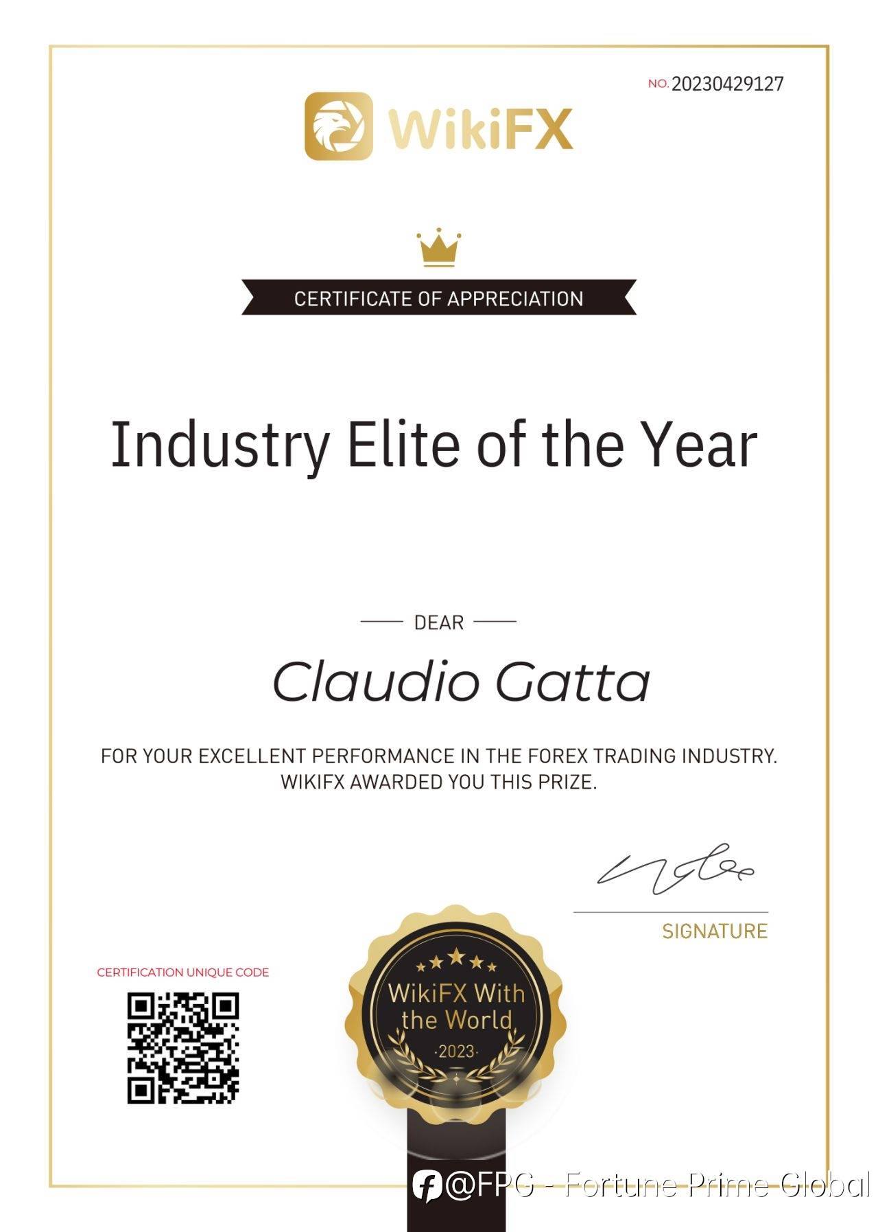 Claudio Gatta 荣获 WIKIFX 颁发的年度行业精英奖