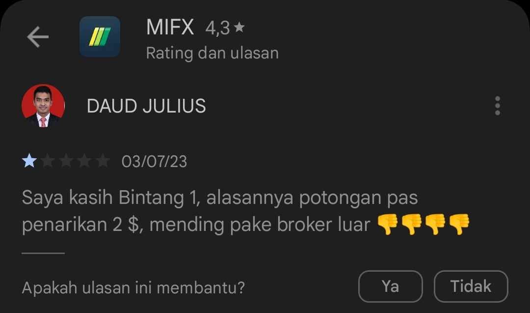 Kecewa dengan Potongan Penarikan Dana, Pengguna Broker MIFX Beri Bintang 1