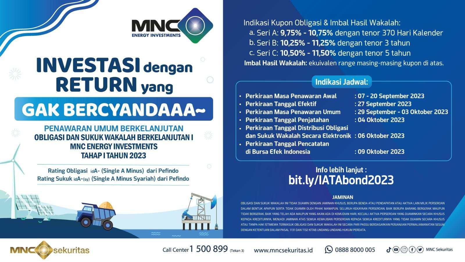 Hari Terakhir Penawaran Awal Obligasi dan Sukuk Wakalah Berkelanjutan I MNC Energy Investments Tahap I-2023