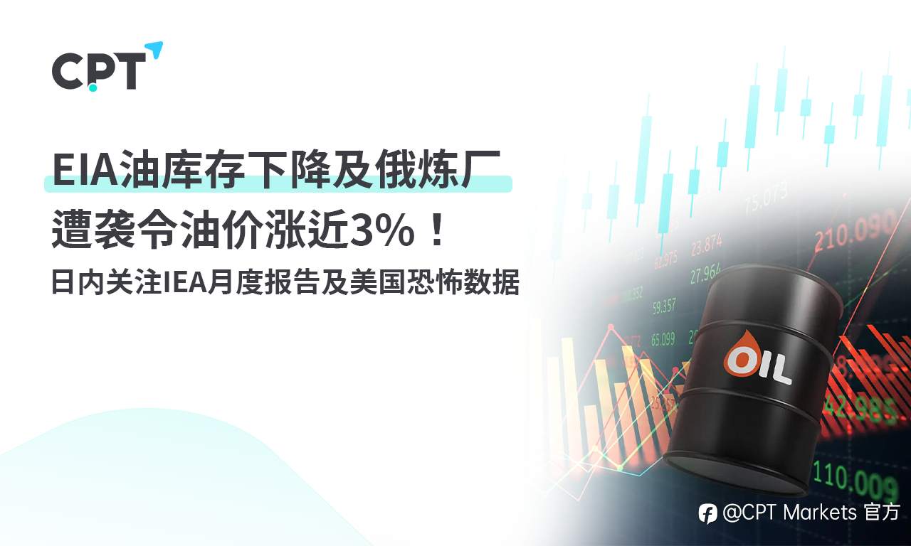CPT Markets：EIA油库存下降及俄炼厂遭袭令油价涨近3%！ 日内关注IEA月度报告及美国恐怖数据