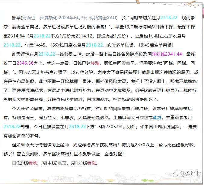 布局多单 2024年6月4日 现货黄金XAU