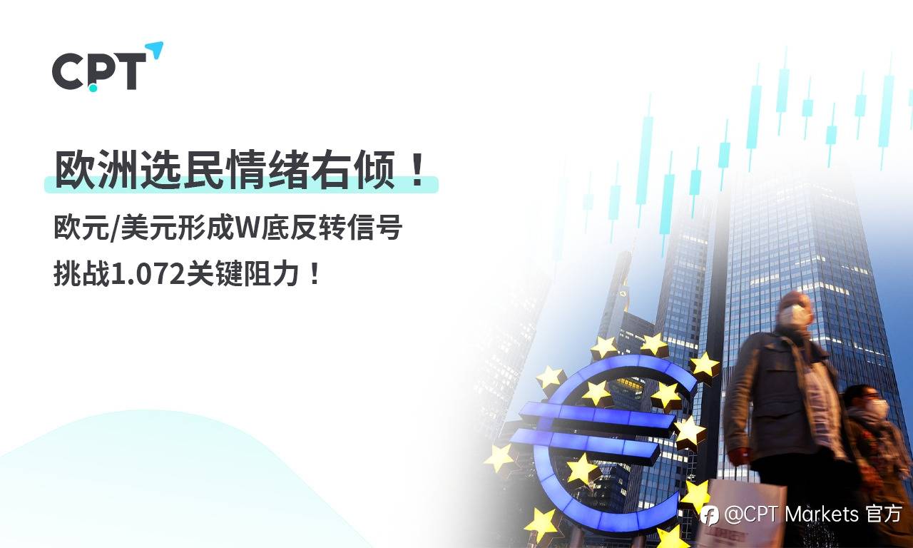 CPT Markets 外汇评析：欧洲选民情绪右倾! 欧元/美元形成W底反转信号，挑战1.072关键阻力！