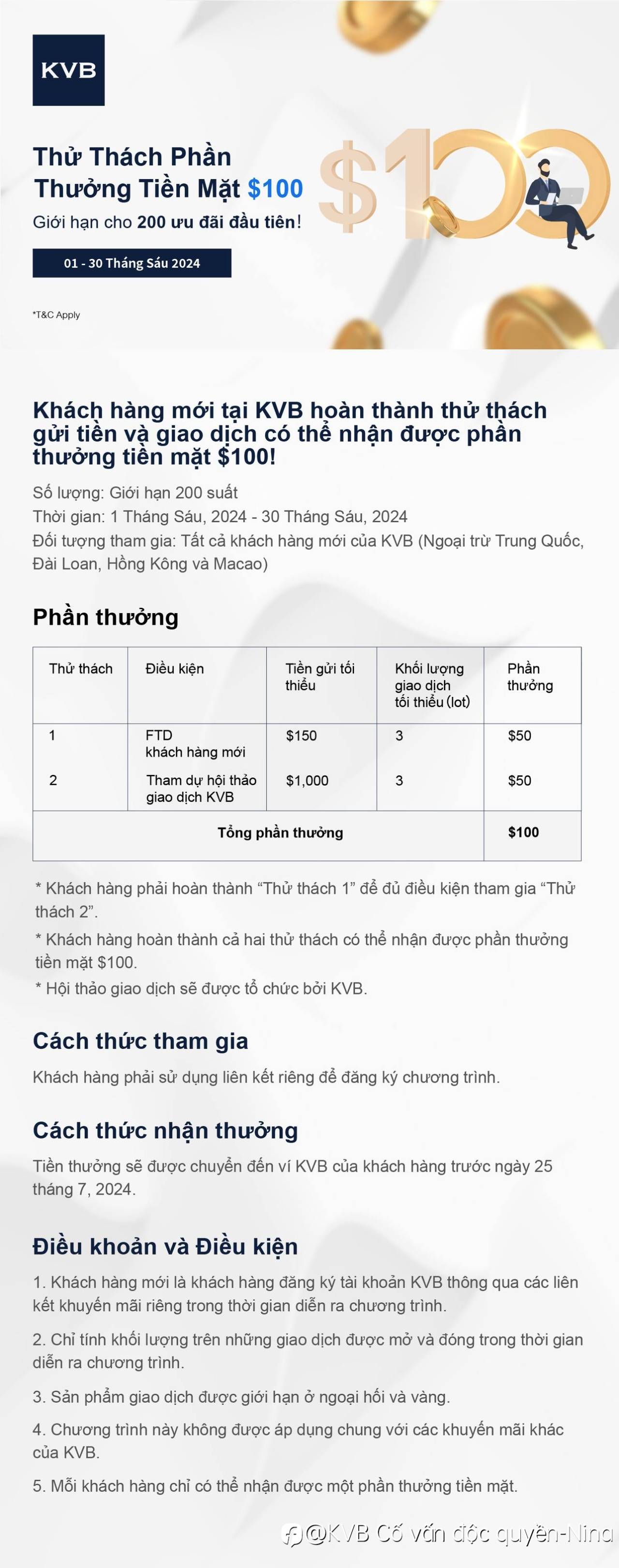 Hãy nhận ngay $100 tiền thưởng tiền mặt từ KVB!