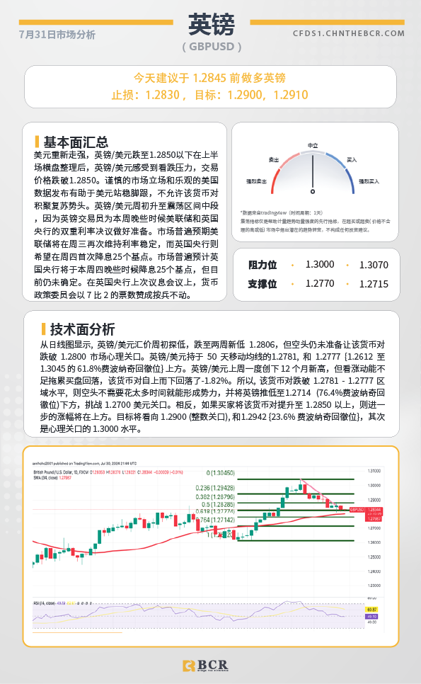 BCR每日早评及分析-2024年7月21日