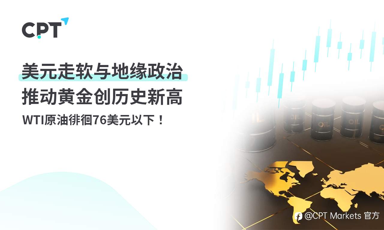 CPT Markets黄金与原油评析：美元走软与地缘政治推动黄金创历史新高，WTI原油徘徊76美元以下!