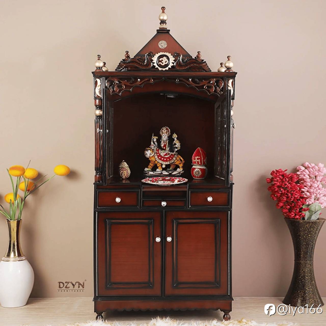 Antarusya Large Floor Rested Pooja Mandap with Door (Brown Gold)