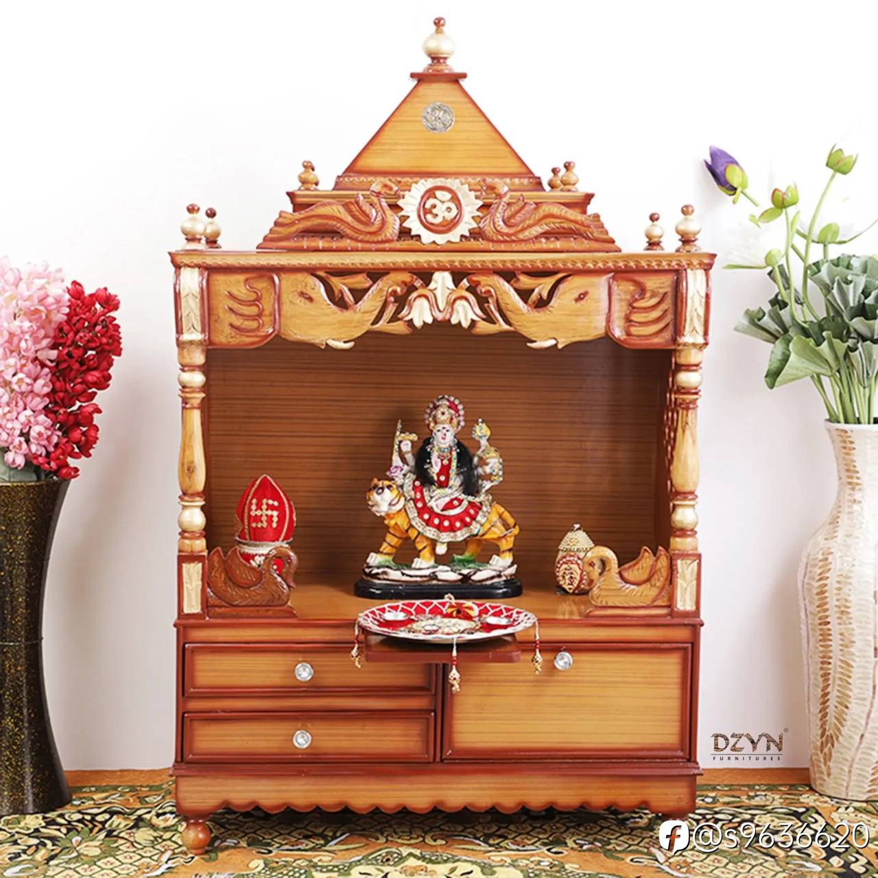 Divine Home Large Floor Rested Pooja Mandir without Door (Teak Gold)