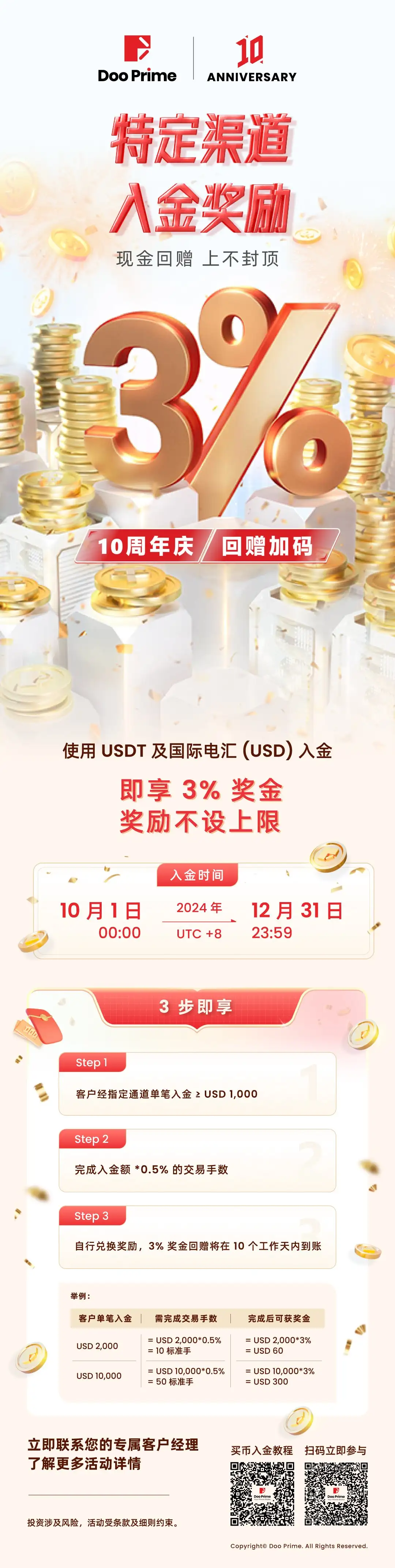 精彩活动 | Doo Prime 十周年限时福利， 3% 入金回赠 活动强势回归！