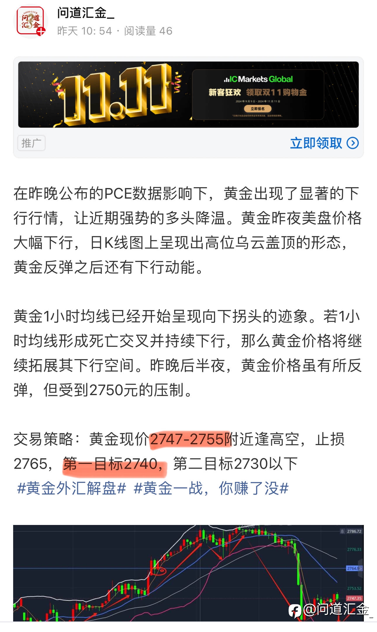 黄金2740成功获利！