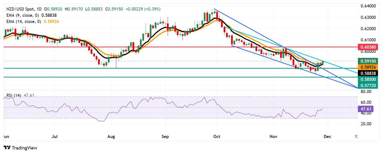 Prakiraan Harga NZD/USD: Menguji Batas Atas Saluran Menurun di Atas EMA 14-Hari, 0,5900