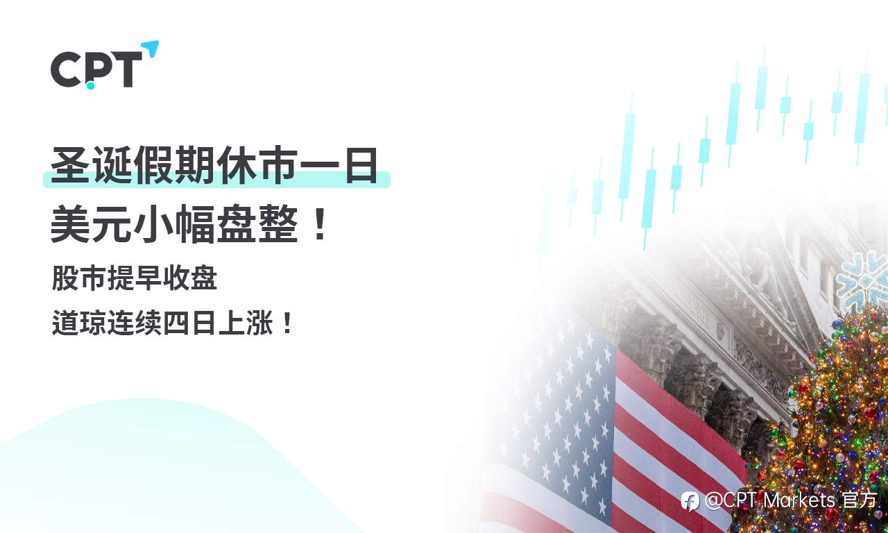 CPT Markets 外汇评析:圣诞假期休市一日,美元小幅盘整!股市提早收盘,道琼连续四日上涨!