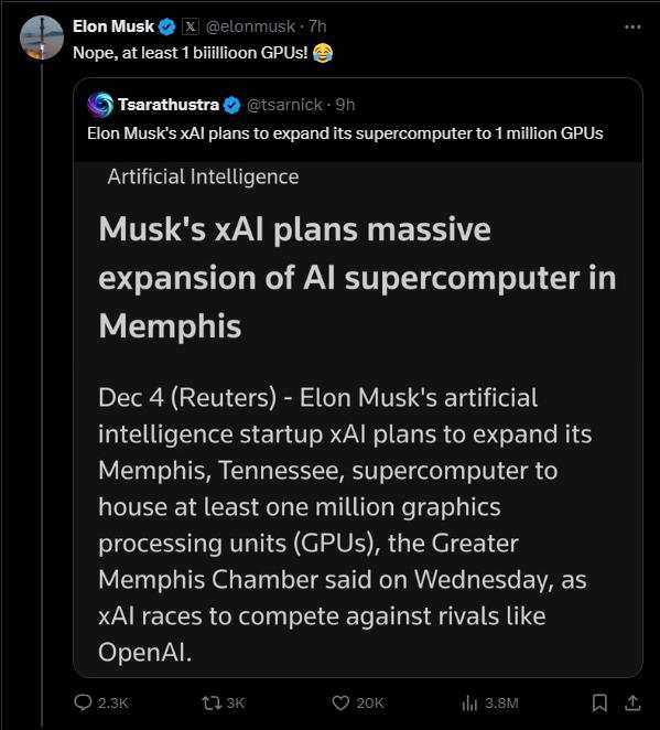 Colossus AI超算集群要扩至100万个GPU？马斯克：不对，至少10亿个！