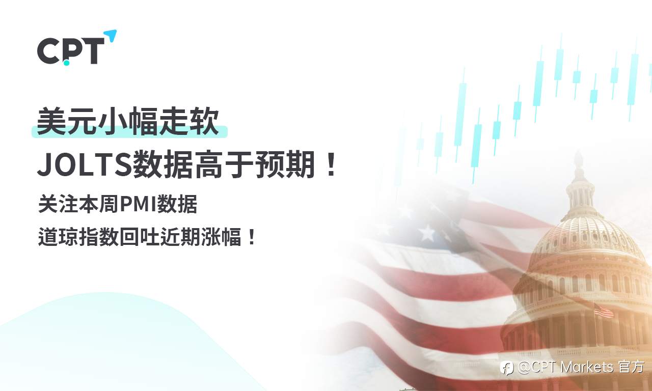 CPT Markets 外汇评析：美元小幅走软，JOLTS数据高于预期！关注本周PMI数据，道琼指数回吐近期涨幅！