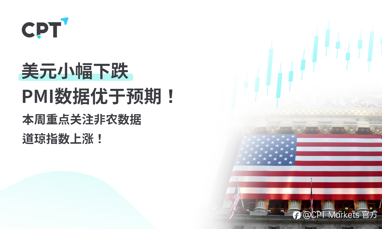 CPT Markets 外汇评析：美元小幅下跌，PMI数据优于预期！本周重点关注非农数据，道琼指数上涨！