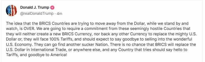 Tổng thống Mỹ Trump cảnh báo về khả năng áp thuế 100% nếu BRICS cố gắng thay thế đô la Mỹ
