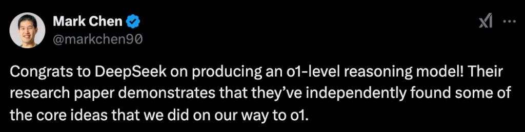 OpenAI 首席研究 Mark Chen ：DeepSeek独立发现了o1 核心理念，然而市场反应过度