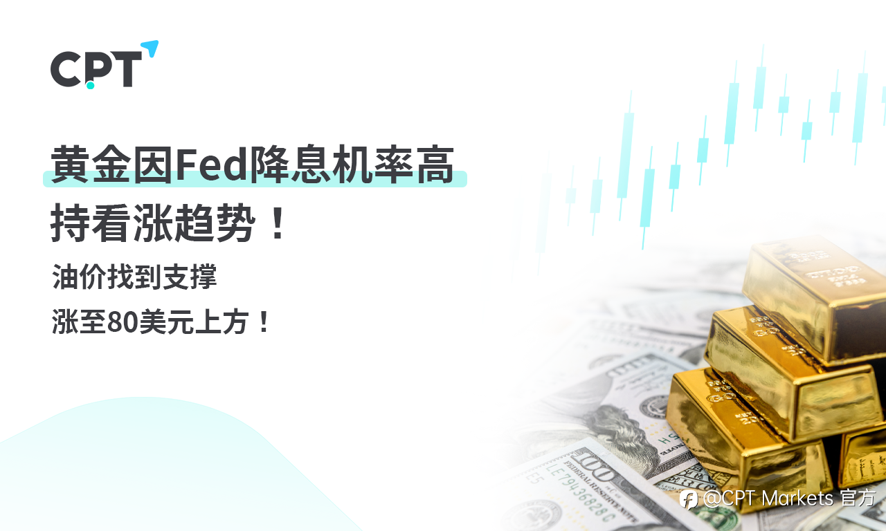 CPT Markets 黄金与原油评析：黄金因Fed降息机率高，持看涨趋势！油价找到支撑，涨至80美元上方！