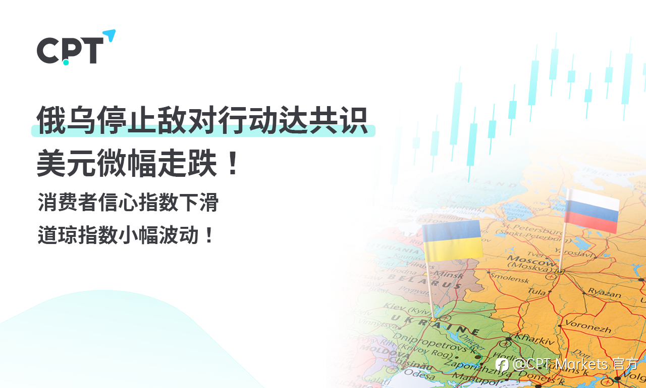 CPT Markets 外汇评析:俄乌停止敌对行动达共识,美元微幅走跌!消费者信心指数下滑,道琼指数小幅波动!