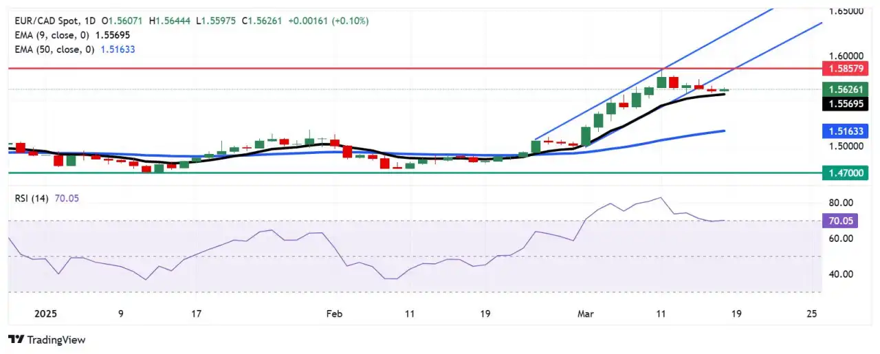EUR/CAD Price Forecast: Tests 1.5700 support near nine-day EMA