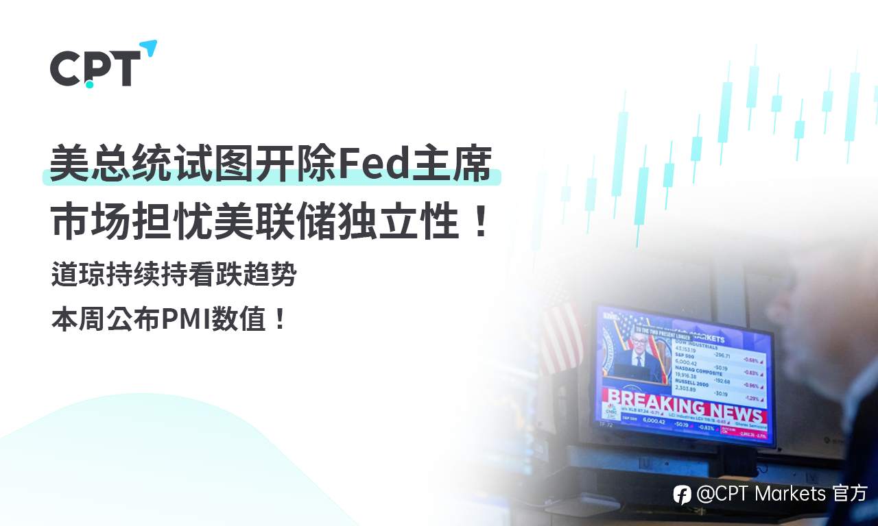 CPT Markets外汇评析:美总统试图开除Fed主席,市场担忧美联储独立性!道琼持续持看跌趋势,本周公布PMI数值!