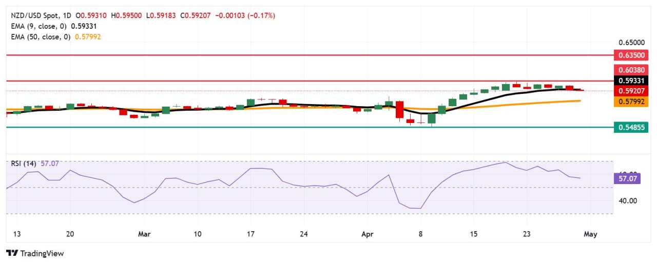 NZD/USD Price Forecast: Falls toward 0.5900 support after breaking below nine-day EMA