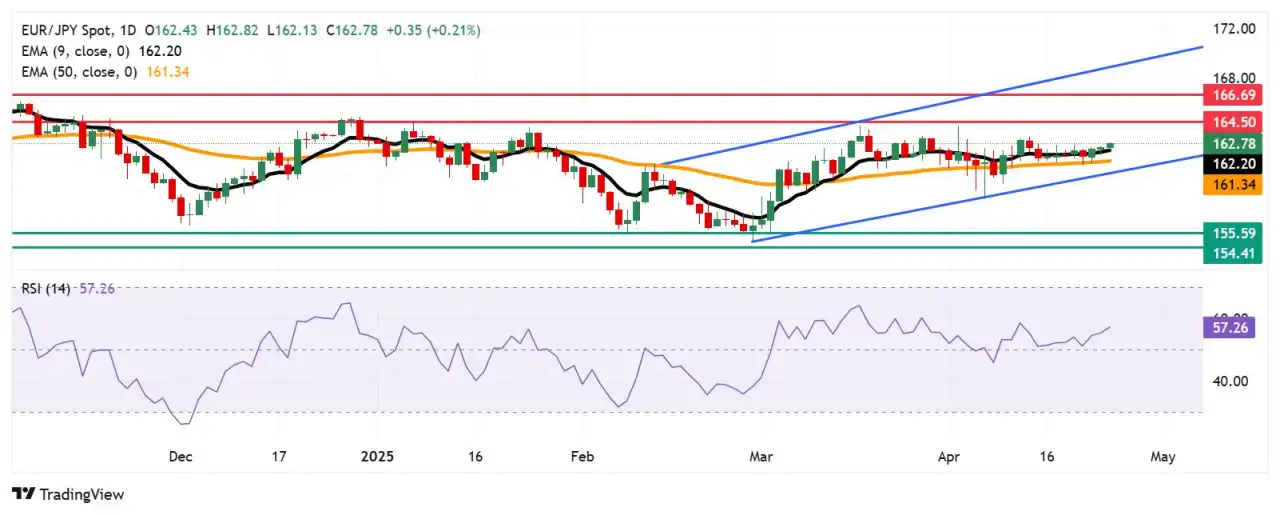 EUR/JPY Price Forecast: Rises above 162.50, nine-day EMA