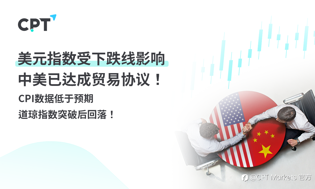 CPT Markets外汇评析：美元指数受下跌线影响，中美已达成贸易协议！CPI数据低于预期，道琼指数突破后回落！