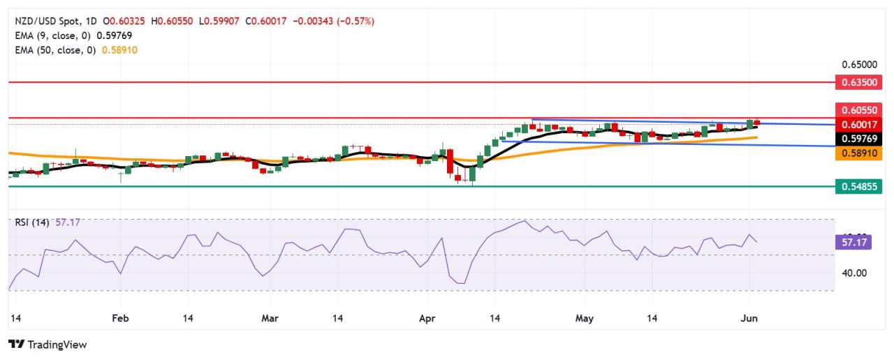 Prakiraan Harga NZD/USD: Pullback dari 0,6050 Dekat Tertinggi Tujuh Bulan