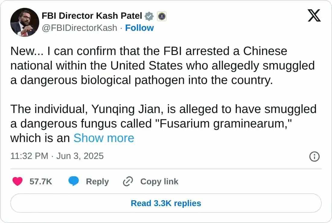 Giám đốc FBI Mỹ: Trung Quốc nhắm vào nguồn cung thực phẩm của chúng ta, đặt cuộc sống của người Mỹ vào nguy cơ nghiêm trọng