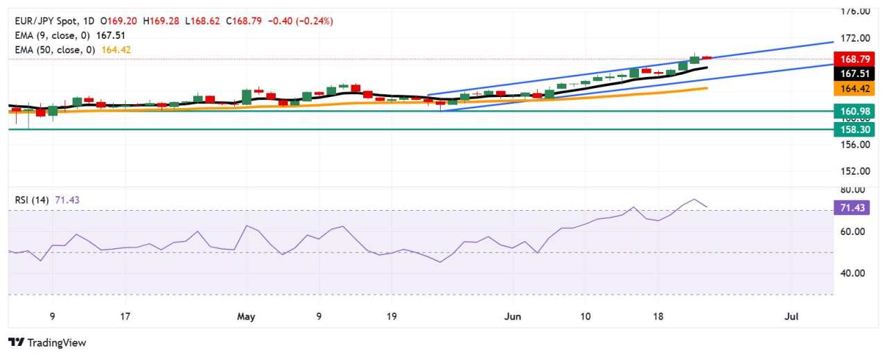EUR/JPY Price Forecast: Trades below 169.00 after pulling back from eleven-month highs