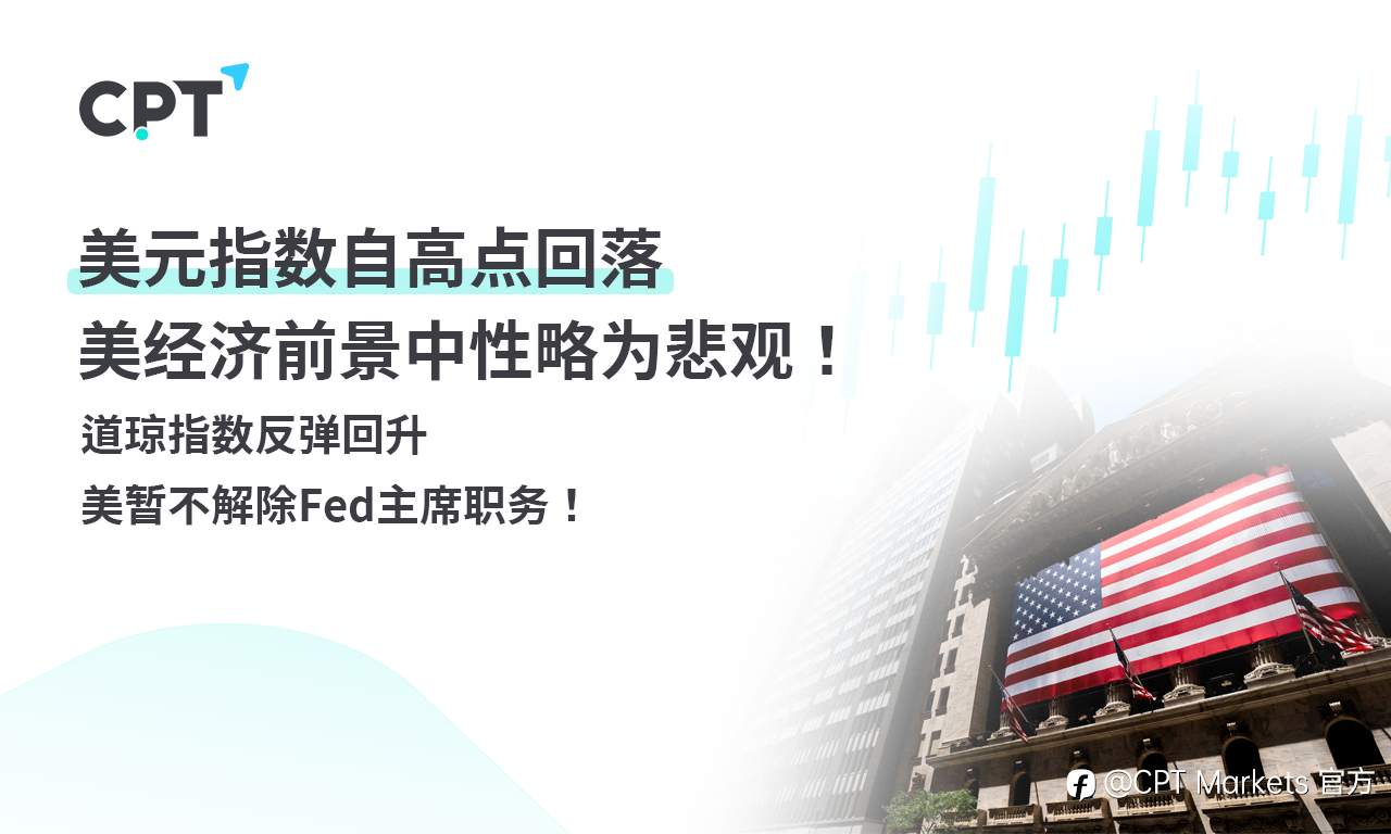 CPT Markets外汇评析：美元指数自高点回落，美经济前景中性略为悲观！道琼指数反弹回升，美暂不解除Fed主席职务！