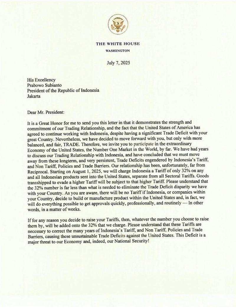 Begini Isi Surat Trump Ke Prabowo soal RI Kena Tarif 32%