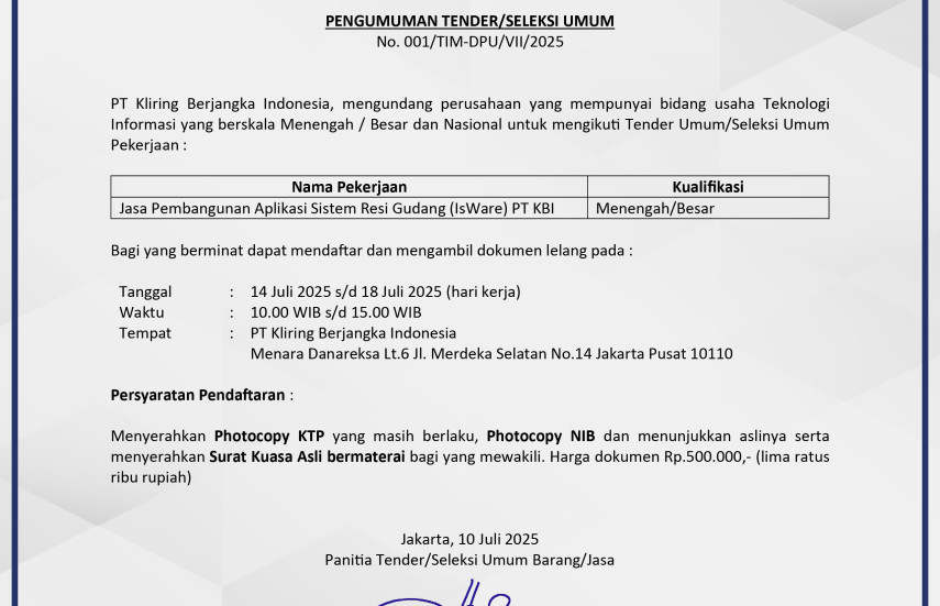Pengumuman Seleksi Umum/Tender Umum Untuk Perusahaan IT