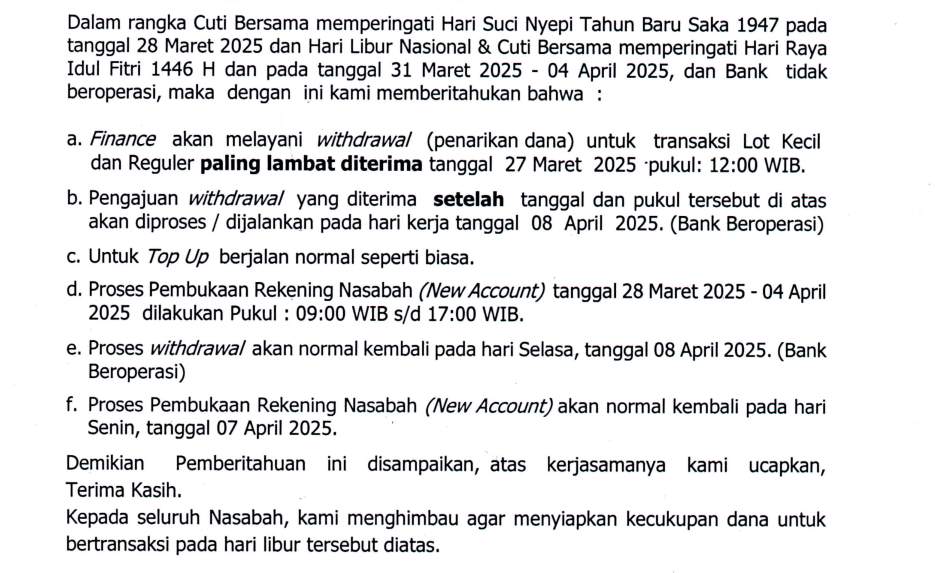 Withdrawal Selama Libur Nyepi dan Lebaran 2025